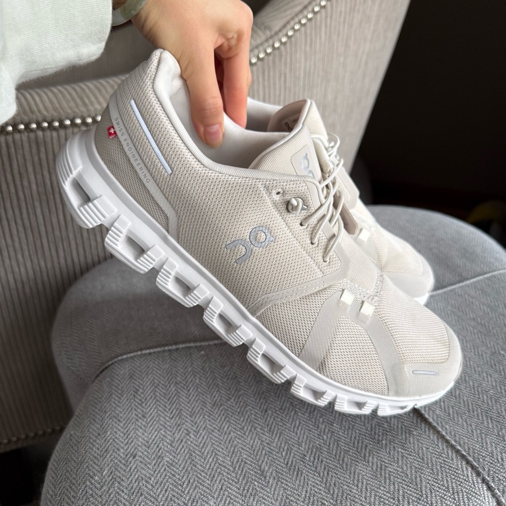 On Running Beige and White Athletic Shoes